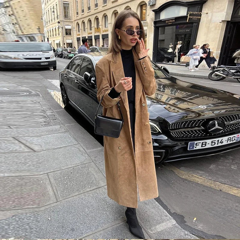 Casual Solid Long Women Streetwear Long Sleeve Turn-down Collar Double Breasted Female Coat 2025 Autumn Fashion Lady Jacket New