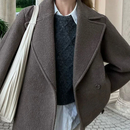Autumn Winter Solid Double Breasted Wool Coat Fashion Lapel Long Sleeves Short Blazer Jacket Female Warm Chic Outerwear New