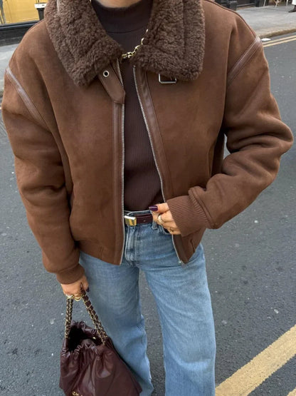 Vintage Coffee Lamb Wool Lapel Jackets For Women Chic Zipper Long Sleeved Thicken Warm Coats New Female Winter Streetwear