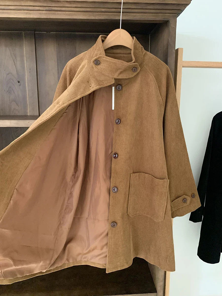 Solid Color Corduroy Trench Coat Women Autumn Winter Single Breasted Stand Collar Long Outerwear Vintage Fashion Jacket