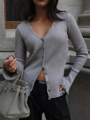 Knitted Short Tassel Women's Cardigan Casual V-neck Single Breasted Trumpet Sleeves Sweater Fashion Simple Solid Color Sweaters