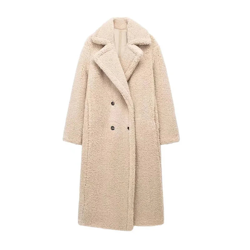 Thicken Warm Outwear Women Furry Double Breasted Loose Turn-down Collar Casual Long Coat Female Winter Chic Jackets