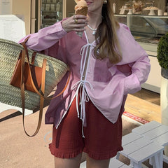 Tie Front Stripe Tops for Women Vintage V Neck Long Sleeve Blouse Loose Fit Casual Going Out T-shirts Y2K Streetwear