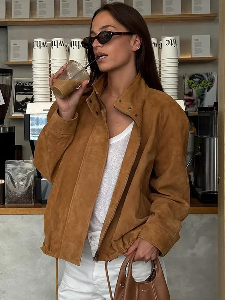 Casual Long Sleeve Stand Collar Female Coats Vintage Suede Zipper Jacket for Women Autumn New Lady Pockets Outerwear Street