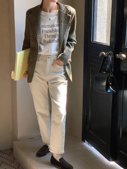 Vintage Wool Blends Coats Women Plaid Woolen Jacket Elegant Commute Blazer Korean Long Sleeve Outerwears Winter Ladies Overcoat