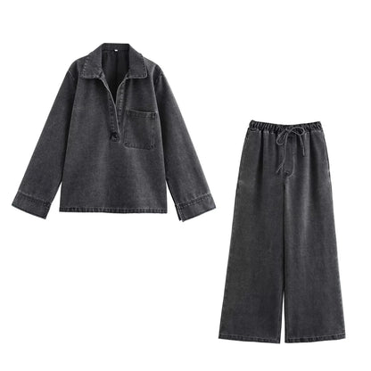 Denim Jacket Pants Set Outfits Women Autumn Winter Blue Pockets Loose 2 Pcs Set Casual Female Matching Set Retro