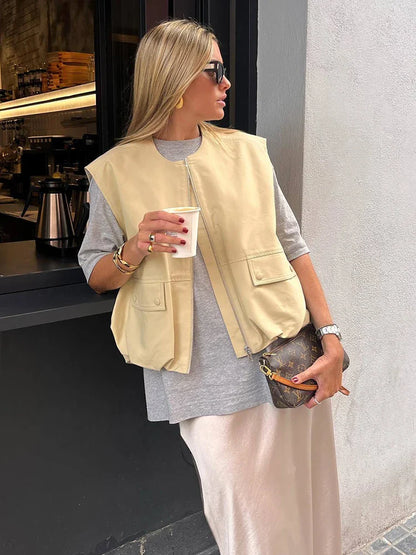 Padded Beige Waistcoat Folds Winter Sleeveless Vest Coat Turtleneck Pockets Zipper Autumn Thick Warm Parka Jacket