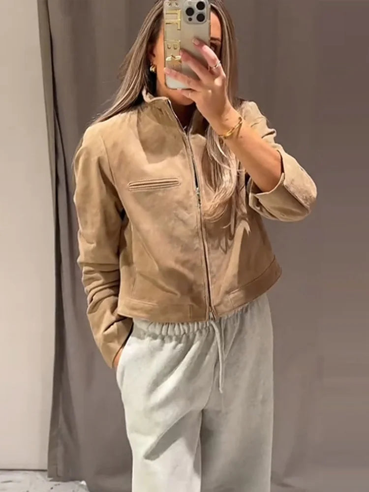 Stand Collar Suede Leather Jacket Coat Zipper Retro Long Sleeved Casual Biker Jackets Loose Fashion Front Shoulder Short Outwear