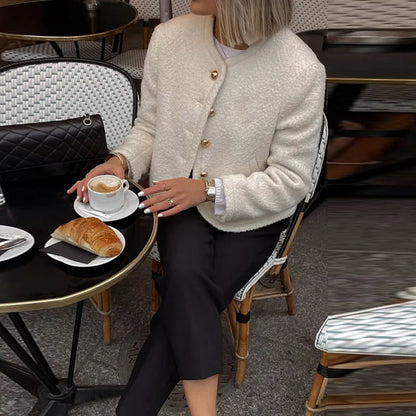 TAVIMART  -  Elegant Solid O-neck Plush Short Coats Women Retro Slim Fit Single Breasted Jackets Female New Spring Chic Office Outwear