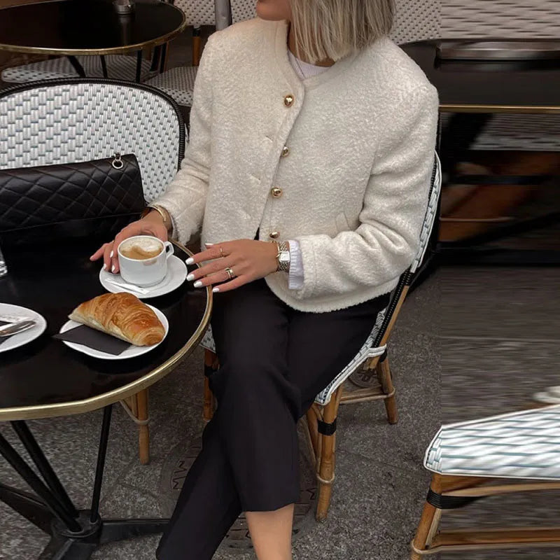 Elegant Solid O-neck Plush Short Coats Women Retro Slim Fit Single Breasted Jackets Female New Spring Chic Office Outwear