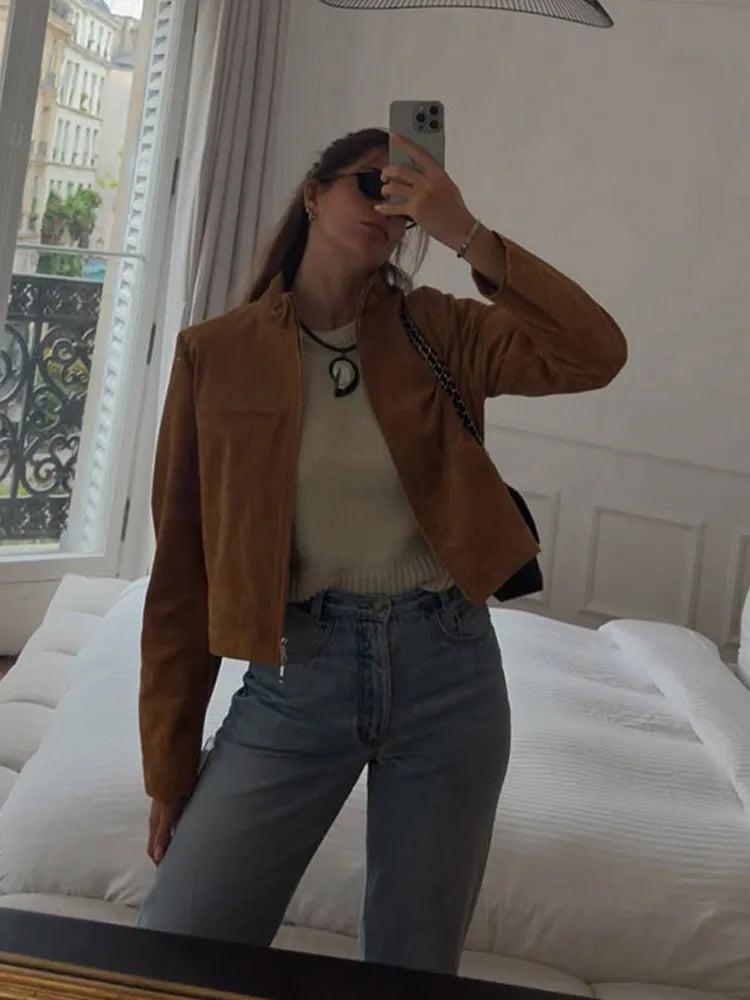 Stand Collar Suede Leather Jacket Coat Zipper Retro Long Sleeved Casual Biker Jackets Loose Fashion Front Shoulder Short Outwear