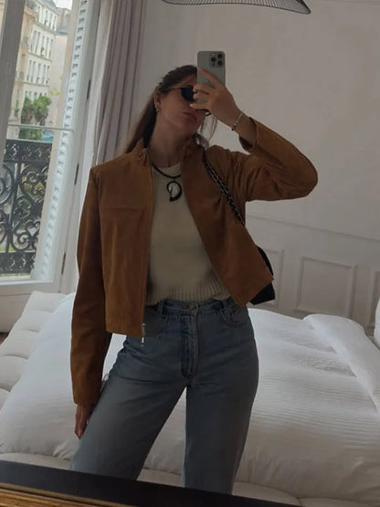 Stand Collar Suede Leather Jacket Coat Zipper Retro Long Sleeved Casual Biker Jackets Loose Fashion Front Shoulder Short Outwear