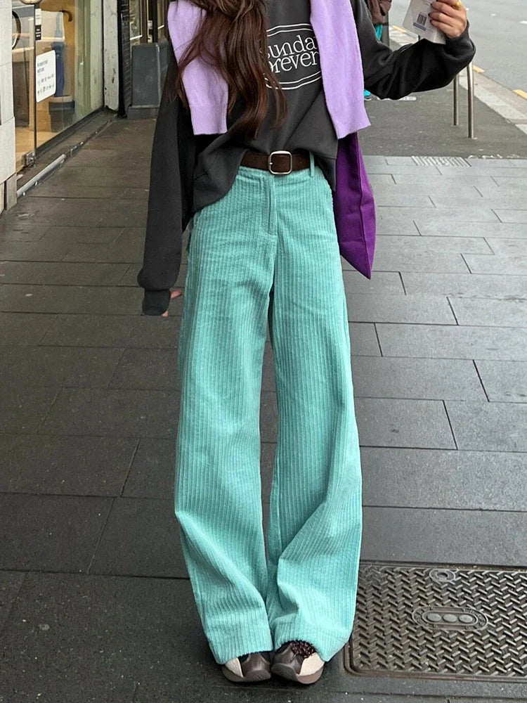 Women Striped Corduroy Wide Pants Plain High Rise Straight Loose Casual Draped Long Trousers Korean Vintage Autumn Clothes