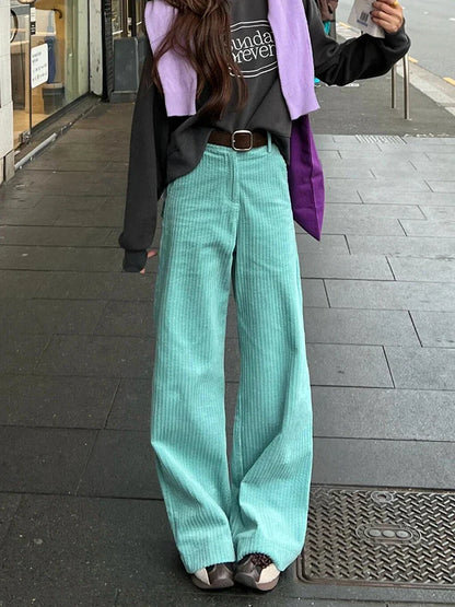 Women Striped Corduroy Wide Pants Plain High Rise Straight Loose Casual Draped Long Trousers Korean Vintage Autumn Clothes