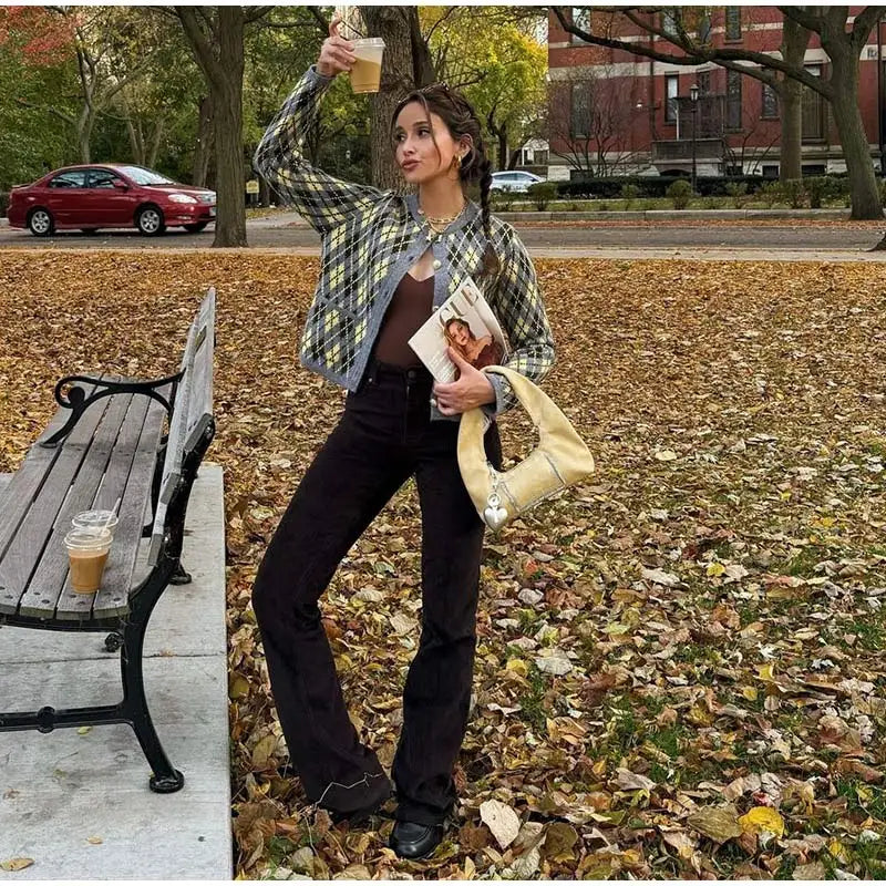 Check Plaid Knitted Cardigans Women Single Breasted Casual Loose Elegant Sweaters Long Sleeve Chic Coats 2024 Winter Lady Tops