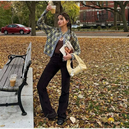 Check Plaid Knitted Cardigans Women Single Breasted Casual Loose Elegant Sweaters Long Sleeve Chic Coats 2024 Winter Lady Tops