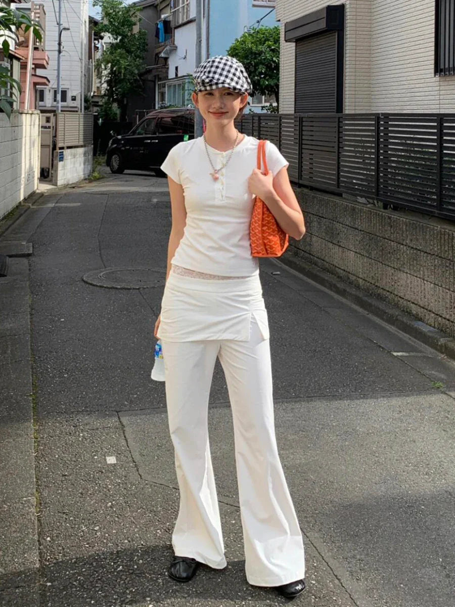 Women Lace Patch Strap Bootcut Pants white