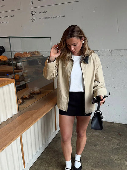 Leather Collar Cargo Jacket Coat Color Patchwork Lapel Button Zipper Pocket Workwear Outwear Loose Casual Minimalist Outwear Top