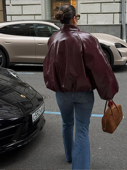 Lady Retro Solid Color Stand Up Collar Pilot Jacket Fashion New Long Sleeved Zipper Jackets High Street Women Commuter Coat