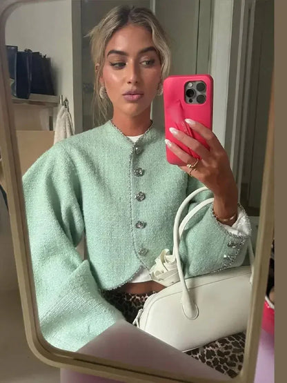 Fashion Oversize O-neck Solid Cropped Coat Women Single Breasted Long Sleeves Casual Jacket Autumn Lady Street Commute Outerwear