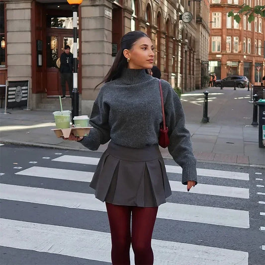 Autumn New Women Winter Solid Loose Sweater Casual High Collar Long Sleeves Female Short Pullover Lady High Street Knitwear