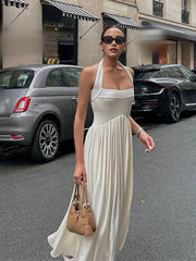 Elegant Solid Square Neck Women Halter Maxi Dress Fashion Backless Pleated Hem A-line Dresses 2024 Summer Lady Chic Party Robes