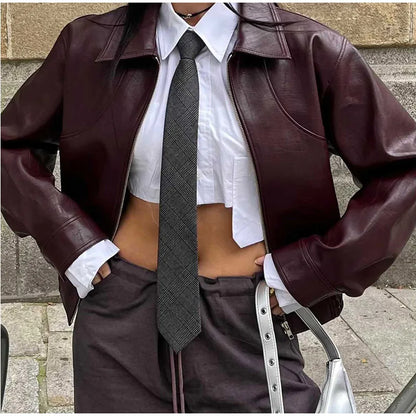 PU Leather Women Jackets Coats Casual Turn Down Collar Long Sleeve Zipper Female Motorcycle Top Coat Autumn Vintage Outwear
