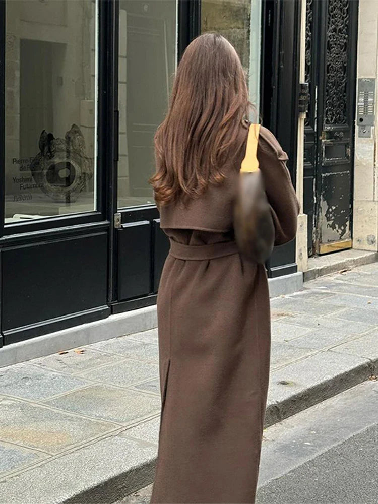 Casual Lapel Long Coats With Belt Women Lace Up Double Breasted Full Sleeve Overcoat Autumn Winter New Lady Streetwear