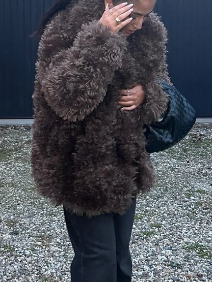 Elegant Winter Warm Fluffy Faux Fur Women's Solid Coat New Chic Lapel Long Sleeve Thick Furry Jacket Lady Thermal Outerwear