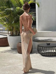 Sexy Knitted Halter Neck Backless Beach Maxi Dress Women Elegant Party Club Dresses Summer Vacation Swimsuit Cover Up A2797