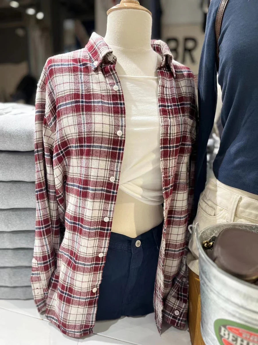 Vintage Red Plaid Button Blouse Top Autumn Cotton Turn Down Collar Casual Long Sleeve Shirt Streetwear Loose Y2K Tees Coat Women