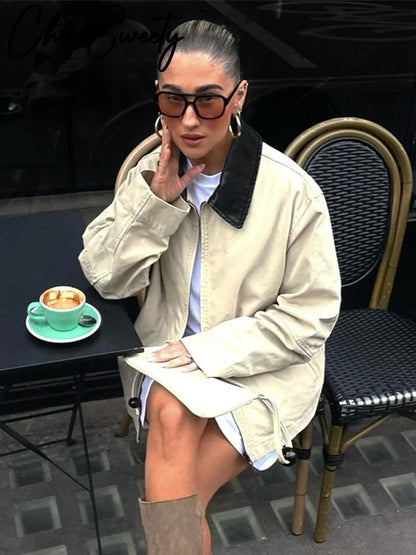 Casual Contrast Women Jacket Full Sleeve Zipper Pocket Female Patchwork Coat Vintage Urban Autumn Lady Outwear