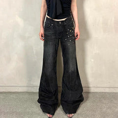 Grunge Aesthetic Flare Jeans Rivet Detail Y2K Fashion Retro Loose Fit Denim Pants High Street Punk Trousers Spring