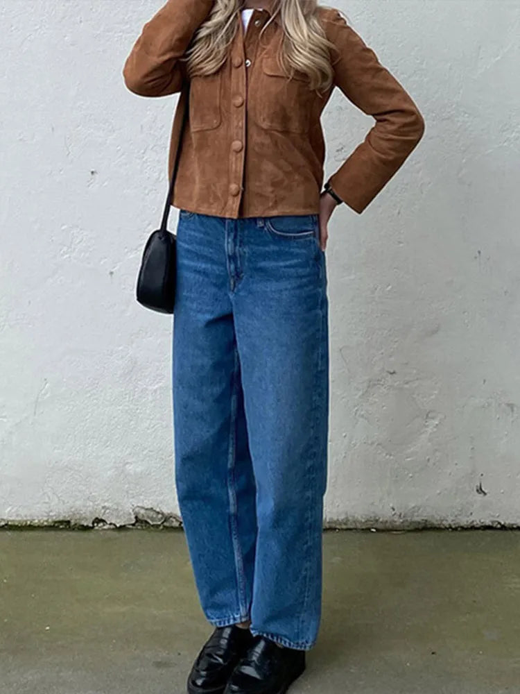 Suede Short Women's Jacket Vintage Solid Color Lapel Jackets with Pocket Single Breasted Casual Women Coat Autumn Classic Coats