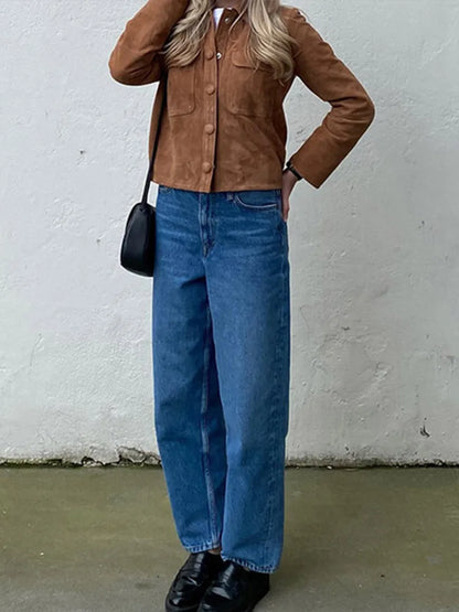 Suede Short Women's Jacket Vintage Solid Color Lapel Jackets with Pocket Single Breasted Casual Women Coat Autumn Classic Coats