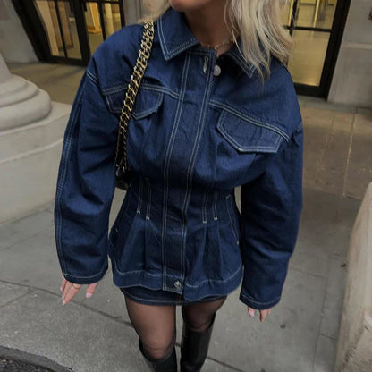 Retro Slim Waist Jeans Jacket Women Loose Button Long Sleeves Washed Denim Jackets Tops 2025 Spring Casual Lady New In Outerwear