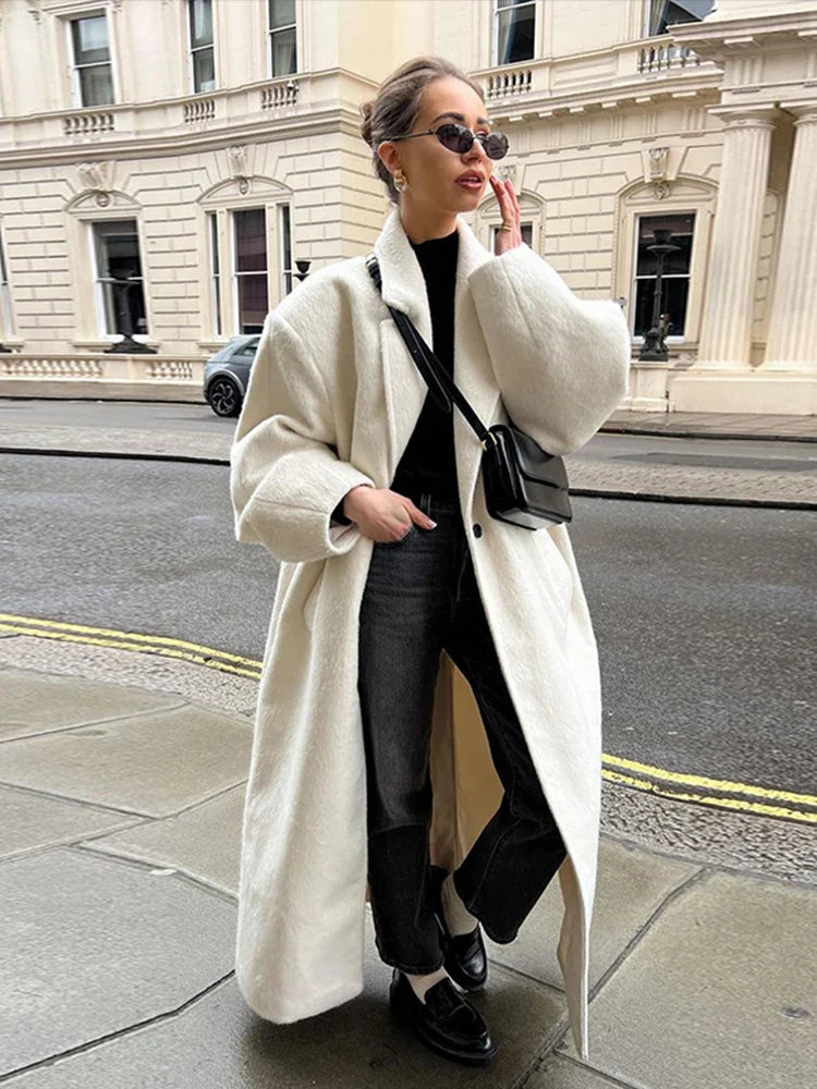 Casual Gray Striped Women Long Coats Elegant Woolen Lapel Long Sleeve Back Split Loose Jackets Autumn Chic Street Outwears