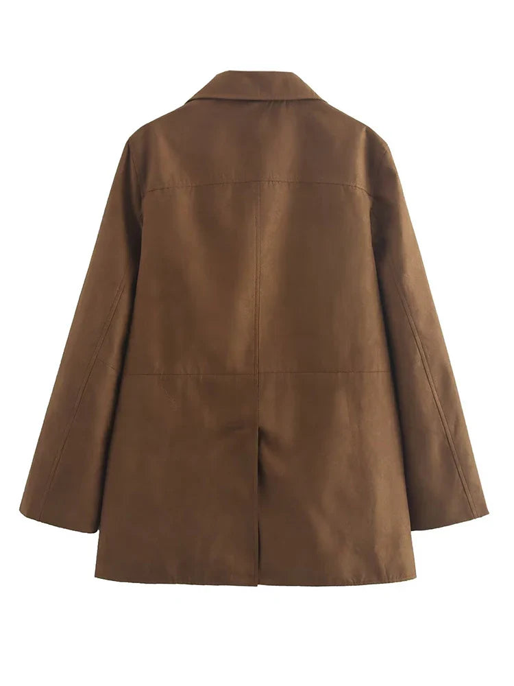 Turn Down Collar Brown Autumn Jacket for Women Casual Single Breasted Long Coat Jacket Female Winter Jacket Back Slit