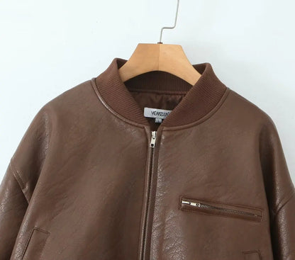 American Retro Women Rib V neck PU Leather Jacket Street Full Sleeve Zipper Bomber Quilted Coat High Waist Short Outerwear