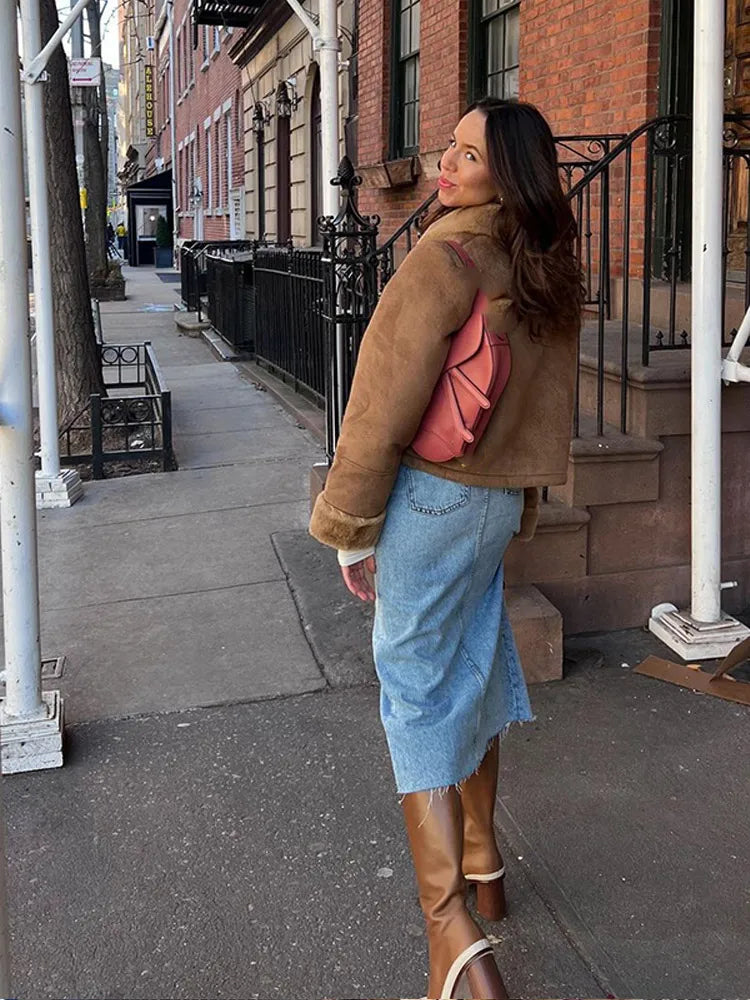 Solid Color Elegant Thicken Lapel Short Jacket Winter New Woman Single Breasted With Pockets Coat High Street Outerwear