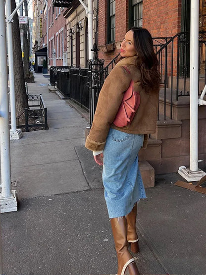 Solid Color Elegant Thicken Lapel Short Jacket Winter New Woman Single Breasted With Pockets Coat High Street Outerwear