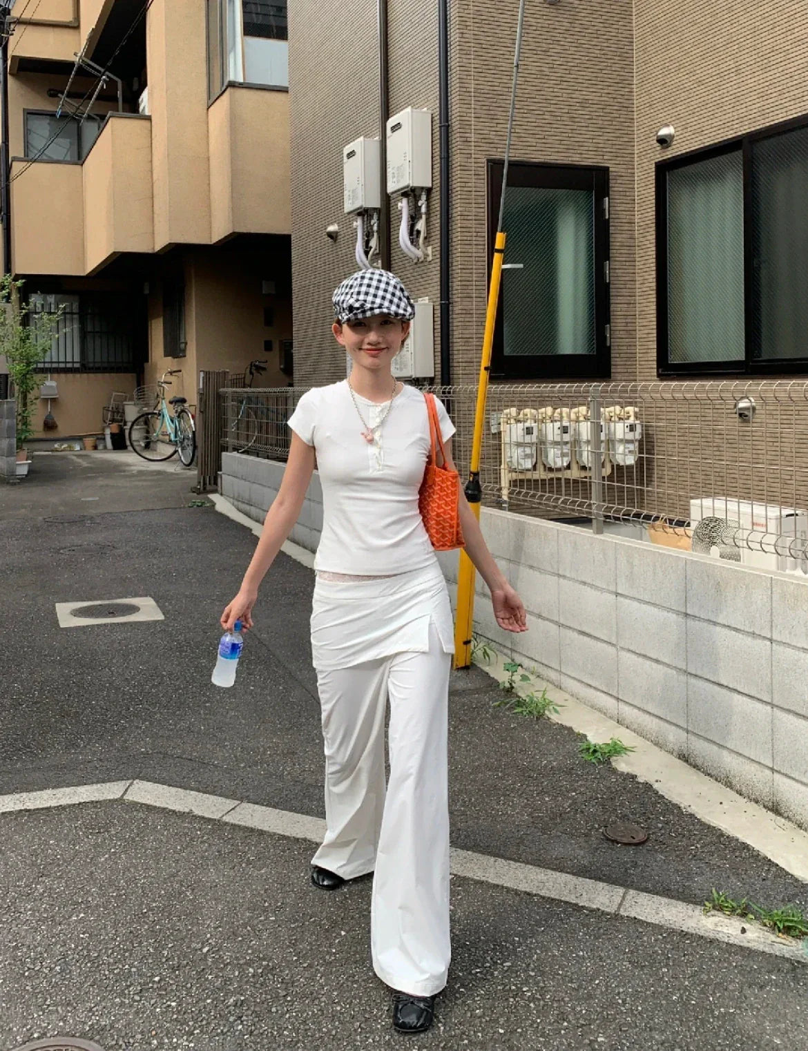 Women Lace Patch Strap Bootcut Pants white