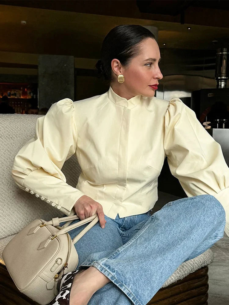 Retro Solid Stand Collar Short Shirt Women Elegant Single Breasted Puffy Sleeve Shirts Coat Lady Versatile Chic Streetwear