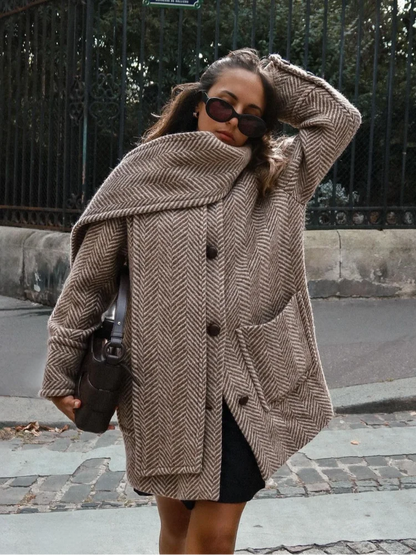 Retro Striped Scarf Collar Wool Blends Jacket Women Chic Pockets Single Breasted Full Sleeve Coat Lady New Elegant Outwear