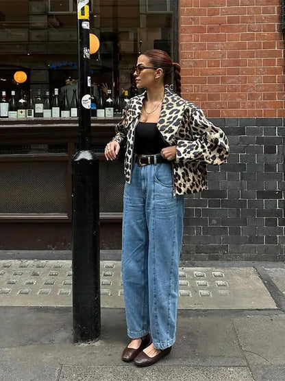 Women Casual Leopard Print Bomber Jacket Elegant Lapel Long Sleeves Zipper Pockets Loose Coat Autumn Lady High Streetwewar