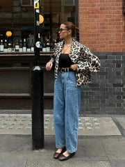 Women Casual Leopard Print Bomber Jacket Elegant Lapel Long Sleeves Zipper Pockets Loose Coat Autumn Lady High Streetwewar
