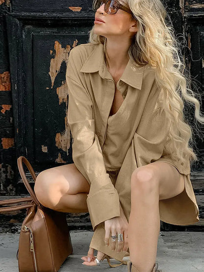 Women's Summer Suit Elegant Lapel Single Breasted Full Sleeve Lace Up Waist Shorts Female Suit Oversize Two-piece Set 2025