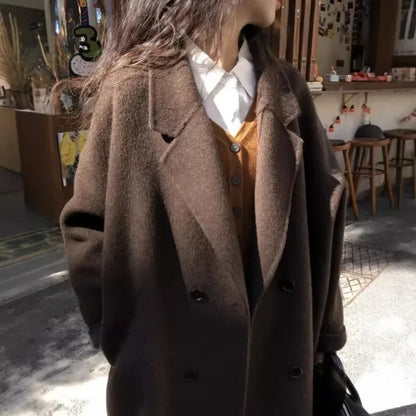 new Women Wool Blend Coat Solid Mid Long Woolen Blazer Thick Warm Blouse Women's Overcoat Office Lady Tops Autumn Winter