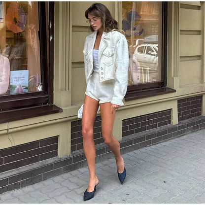 Elegant Tweed Lapel Jacket Shorts Set Women Retro Loose Short Coat Slit Slim Long Skirts Sets Lady New Chic Street Office Outfit