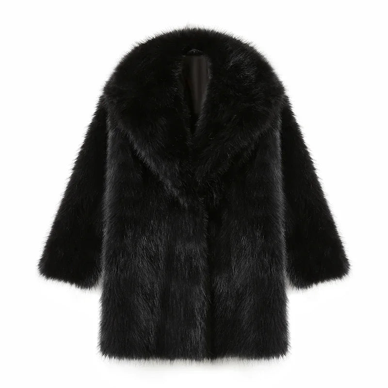 Lapels Faux Fur Coat Women Winter Brand Designer Fluffy Fox Fur Jacket Luxury Furry Overcoats Girl Stylish Long Outerwear